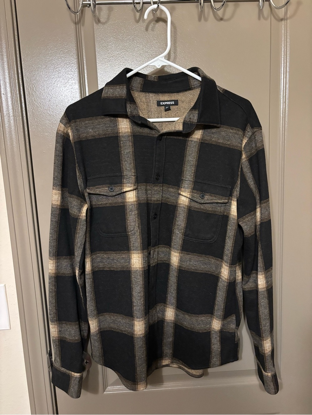Express Black & Tan Plaid Flannel Button-Up Shirt
